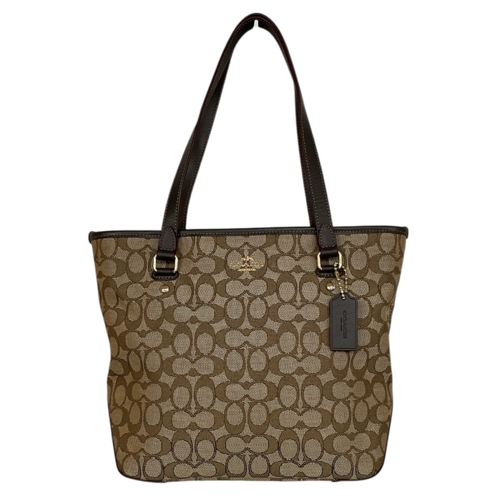 Coach Outline Signature Zip Top Tote F58282 Jacquard Canvas Leather Trim Classic